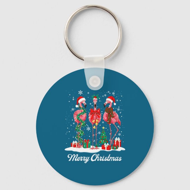 Merry Christmas Flamingo Santa Hat Christmas Light Key Ring (Front)