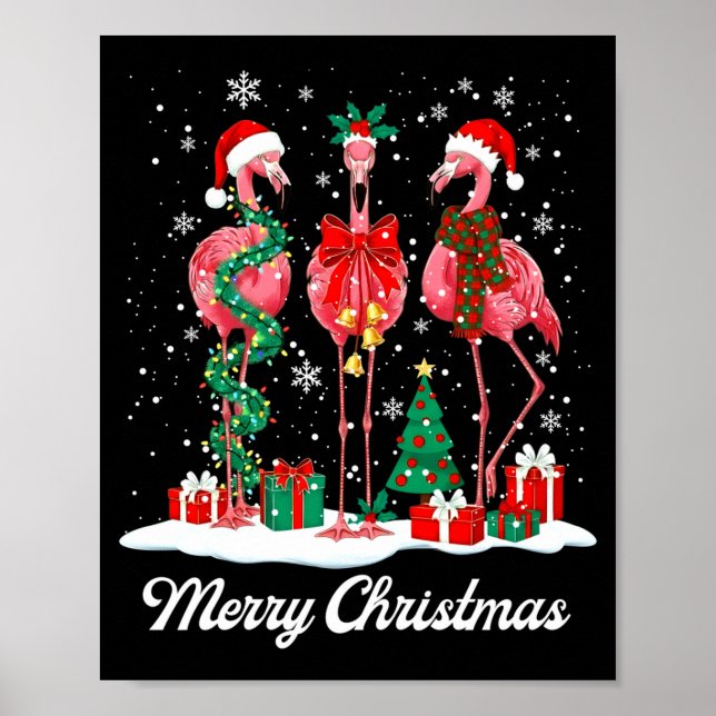 Merry Christmas Flamingo Santa Hat Christmas Light Poster (Front)