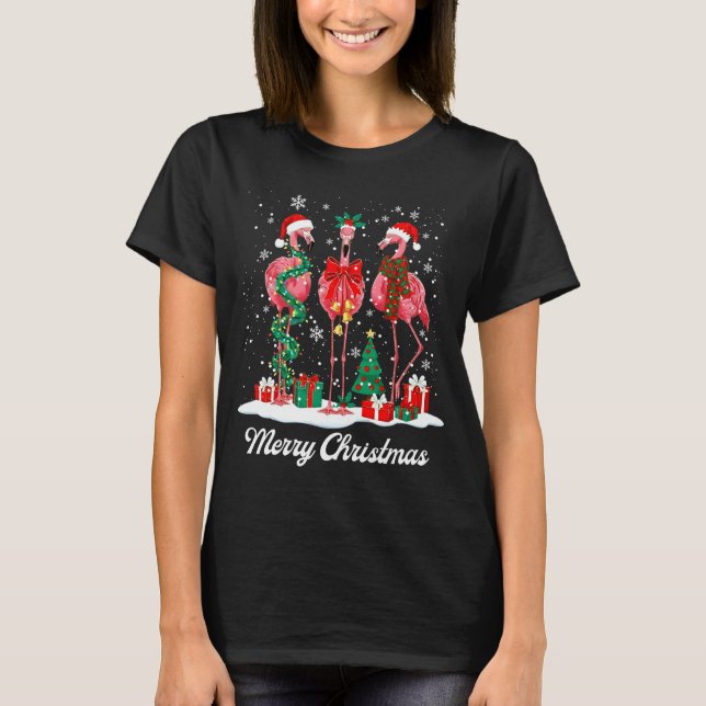 Merry Christmas Flamingo Santa Hat Christmas Light T-Shirt (Front)