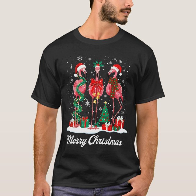 Merry Christmas Flamingo Santa Hat Christmas Light T-Shirt (Front)