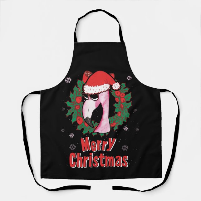 Merry Christmas Flamingo Santa Hat Sunglasses Apron (Front)