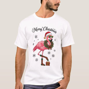 Merry Christmas Flamingo Santa Hat Wreath T-Shirt