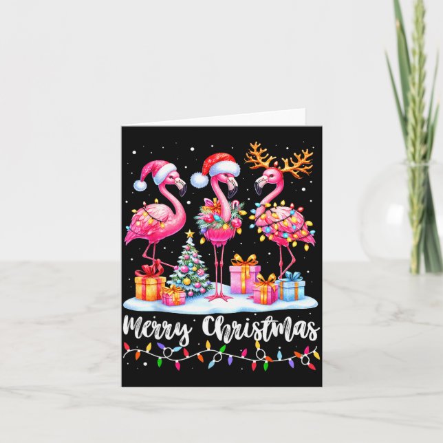 Merry Christmas Flamingo Santa Hat Xmas Pajamas Ho Card (Front)