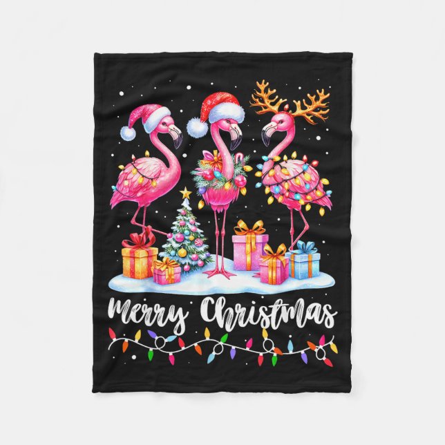 Merry Christmas Flamingo Santa Hat Xmas Pajamas Ho Fleece Blanket (Front)