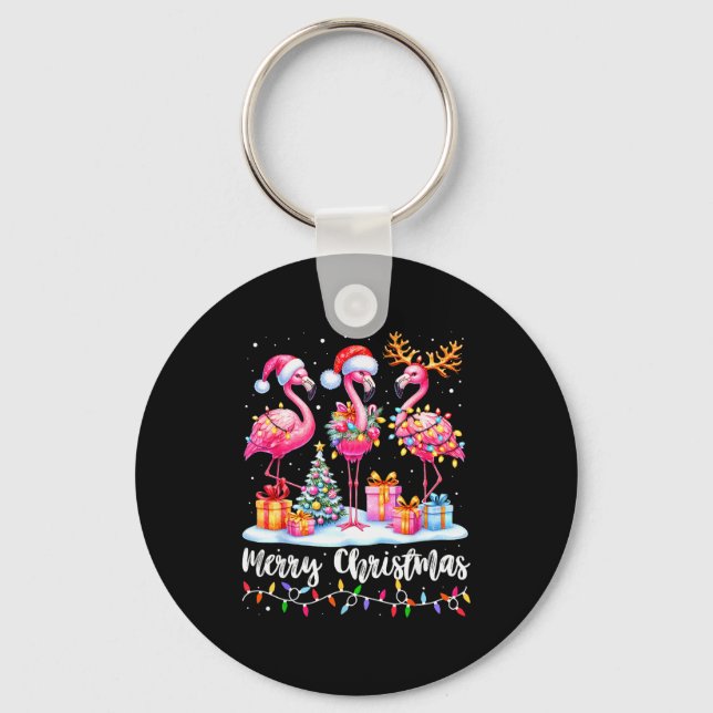 Merry Christmas Flamingo Santa Hat Xmas Pajamas Ho Key Ring (Front)