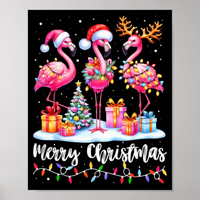 Merry Christmas Flamingo Santa Hat Xmas Pajamas Ho Poster (Front)