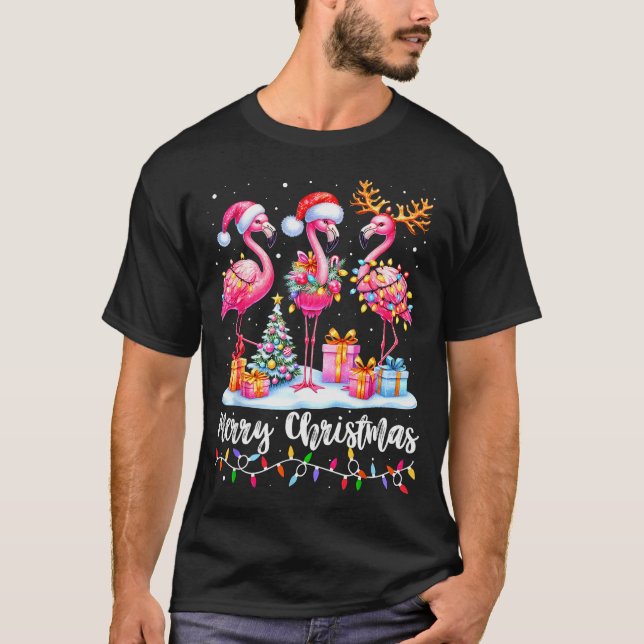 Merry Christmas Flamingo Santa Hat Xmas Pajamas Ho T-Shirt (Front)