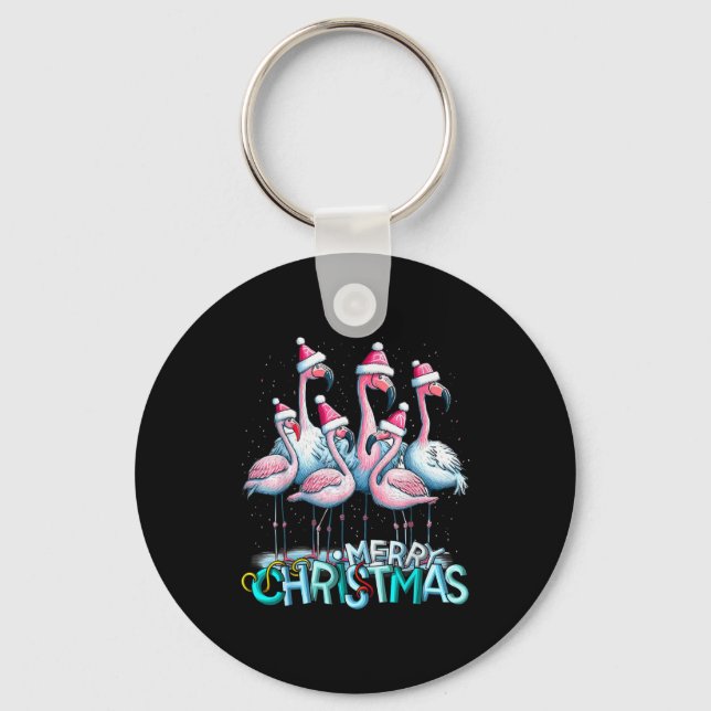 Merry Christmas Flamingo Squad Trocal Style  Key Ring (Front)