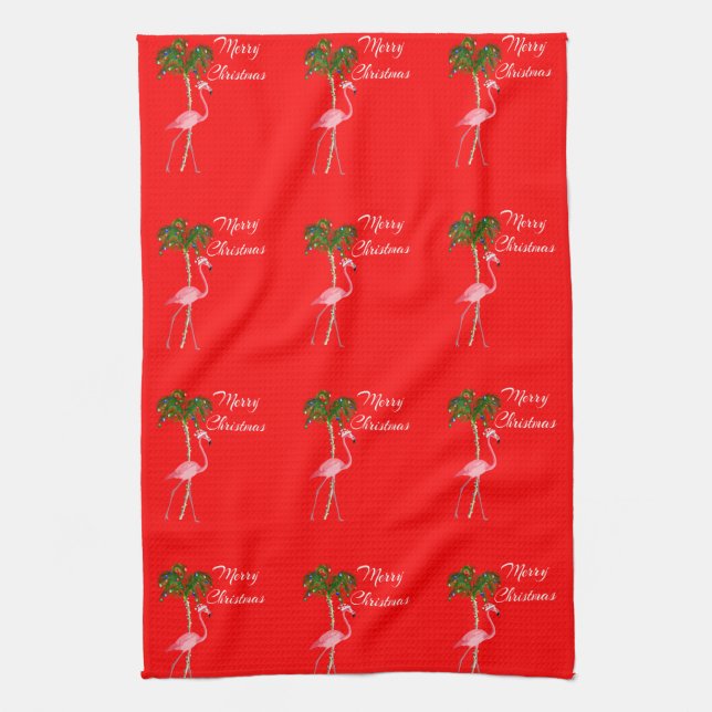 Merry Christmas Flamingo Tea Towel (Vertical)