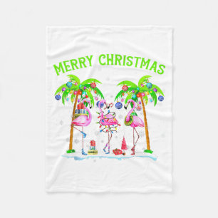 Merry Christmas Flamingo Xmas Palm Tree Light Trop Fleece Blanket