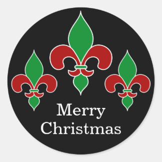 Merry Christmas Fleur de Lis Black Classic Round Sticker