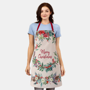 Merry Christmas floral burgundy pine green blush Apron
