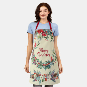 Merry Christmas floral burgundy pine green cream Apron