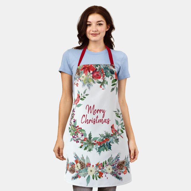 Merry Christmas floral burgundy pine green white Apron (Worn)