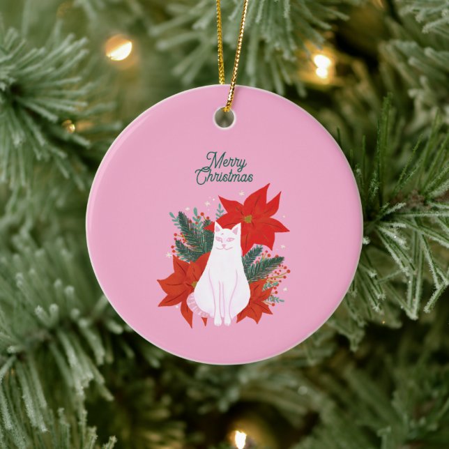 Merry Christmas Floral Cat Ceramic Tree Decoration (Tree)