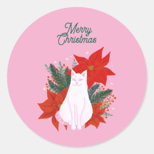 Merry Christmas Floral Cat Classic Round Sticker