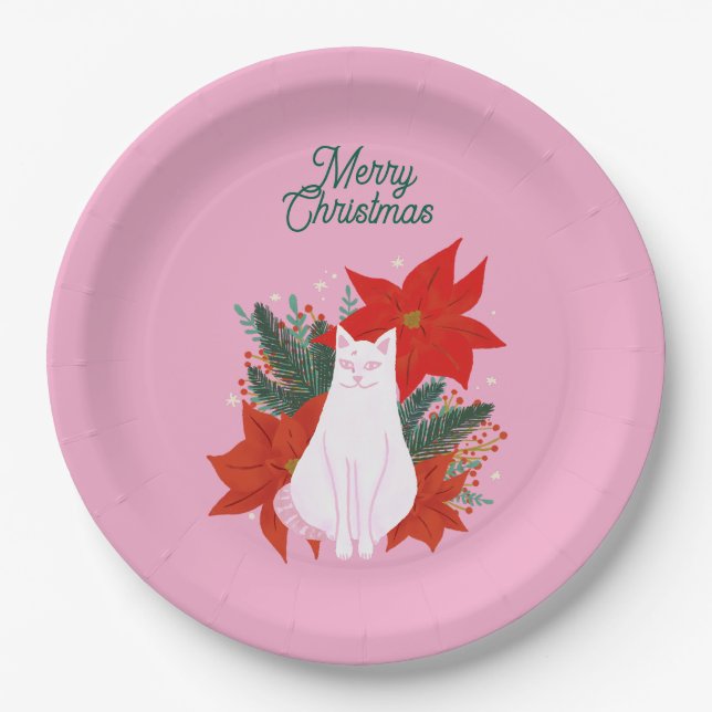 Merry Christmas Floral Cat Paper Plate (Front)