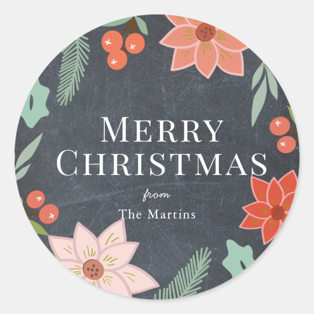 Merry Christmas Floral Chalkboard Holiday Classic Round Sticker (Front)