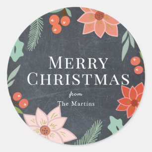 Merry Christmas Floral Chalkboard Holiday Classic Round Sticker