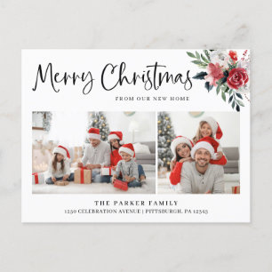 Merry Christmas Floral Change of Address Photo Holiday Postcard