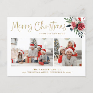 Merry Christmas Floral Change of Address Photo Holiday Postcard