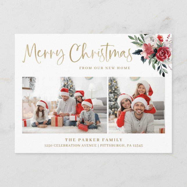 Merry Christmas | Floral Change of Address Photo Holiday Postcard (Front)