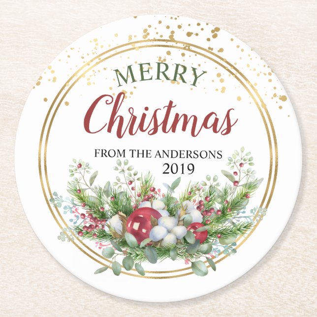 Merry Christmas floral Christmas paper coasters (Front)