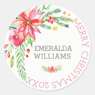 Merry Christmas Floral Flowers Bouquet Classic Round Sticker