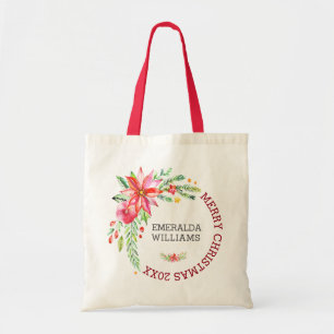 Merry Christmas Floral Flowers Bouquet & Text Tote Bag