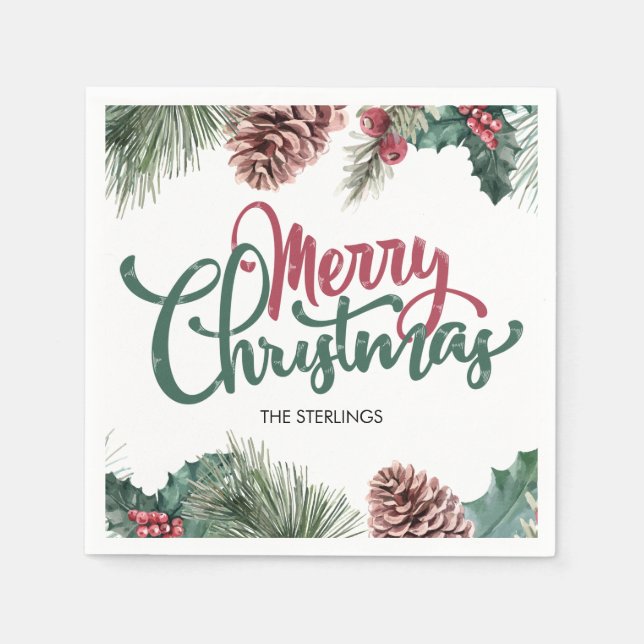 Merry Christmas Floral Pine Cone Red Holly Border Napkin (Front)