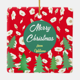 Merry Christmas Floral Pine Tree Ceramic Ornament