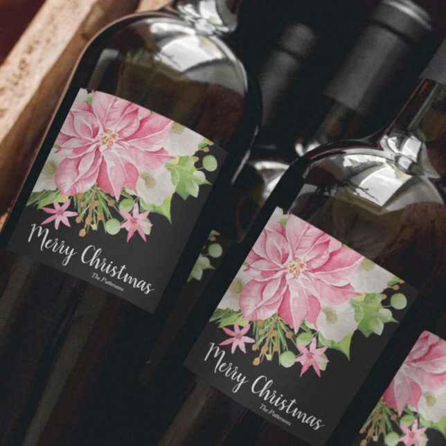 Merry Christmas Floral Poinsettia Black Wine Label (Creator Uploaded)