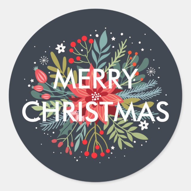 Merry Christmas Floral Poinsettia Bouquet Classic Round Sticker (Front)