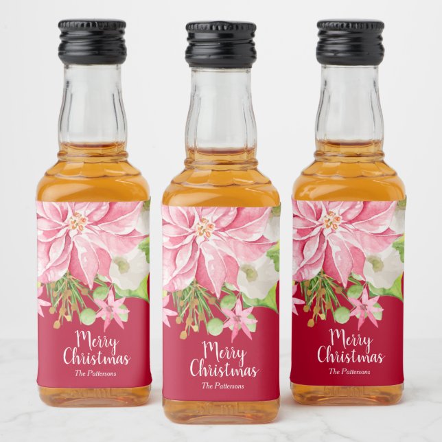 Merry Christmas Floral Poinsettia Holiday Mini Liquor Bottle Label (Bottles)