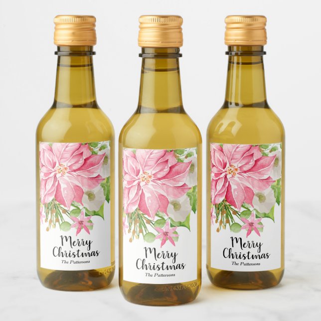 Merry Christmas Floral Poinsettia Holiday Mini Wine Label (Bottles)