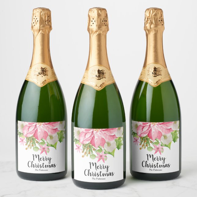 Merry Christmas Floral Poinsettia Holiday Sparkling Wine Label (Bottles)