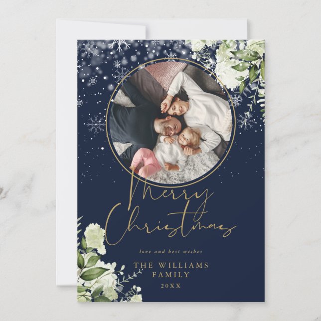 Merry Christmas Floral Snow Gold And Blue Photo Holiday Card (Front)