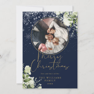 Merry Christmas Floral Snow Gold And Blue Photo Holiday Card