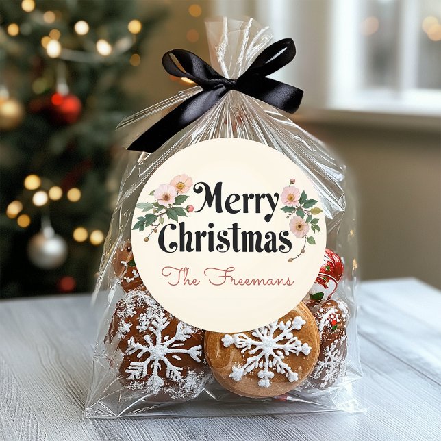 Merry Christmas Floral Vintage Classic Round Sticker (Vintage Christmas Sticker)
