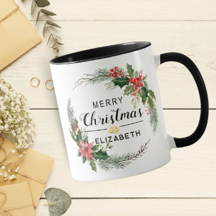 Merry Christmas Floral Wreath and Script Black Mug