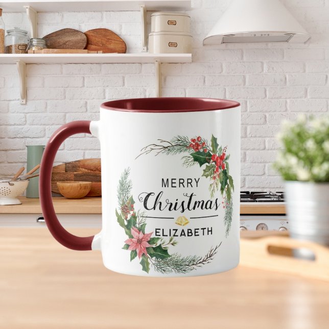 Merry Christmas Floral Wreath and Script Maroon Mug (Creator Uploaded)