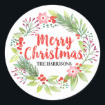 Merry Christmas Floral Wreath Classic Round Sticker<br><div class="desc">A watercolor Christmas floral wreath Sticker. Personalise it to use with  your Holiday Cards and gifts. Designed for you by Blackberry Boulevard.</div>