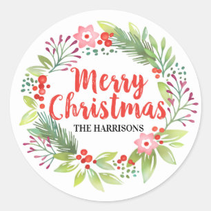 Merry Christmas Floral Wreath Classic Round Sticker