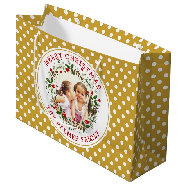 Merry Christmas floral wreath gold polka dot photo Large Gift Bag (Front Angled)