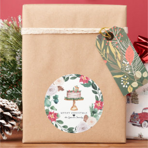 Merry Christmas   Floral Wreath Holiday Cake Classic Round Sticker