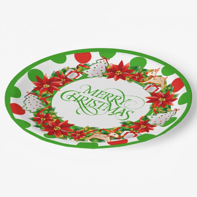Merry Christmas Floral Wreath Paper Plate (Angled)