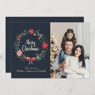 Merry Christmas Floral Wreath Personalised Photo Card