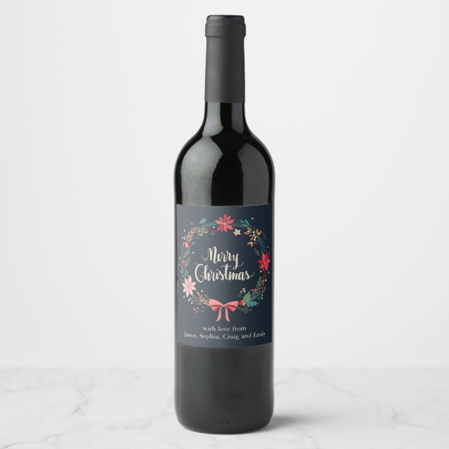 Merry Christmas Floral Wreath Personalised Wine Label (Front)