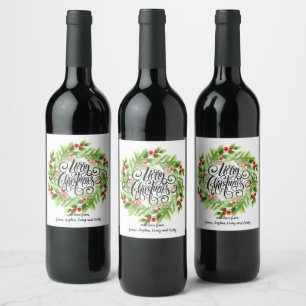 Merry Christmas Floral Wreath Personalised Wine Label