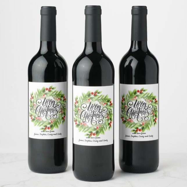 Merry Christmas Floral Wreath Personalised Wine Label (Bottles)